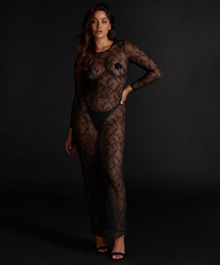 L&aring;ng&auml;rmad bodycon slipkl&auml;nning med spets, Svart