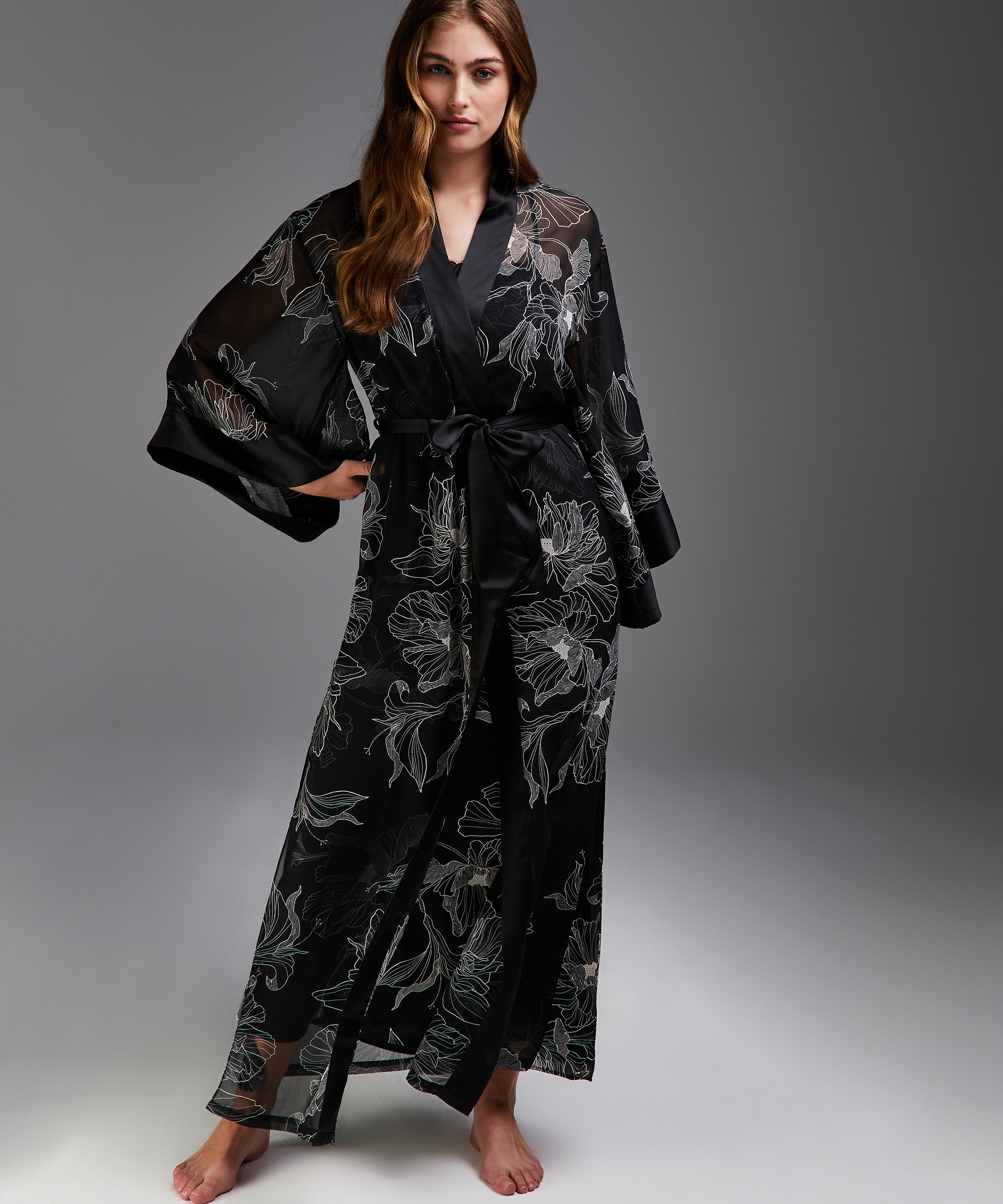 Lång chiffongkimono Lotus, Svart, main