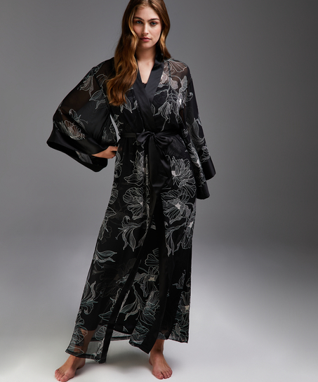 Lång chiffongkimono Lotus, Svart