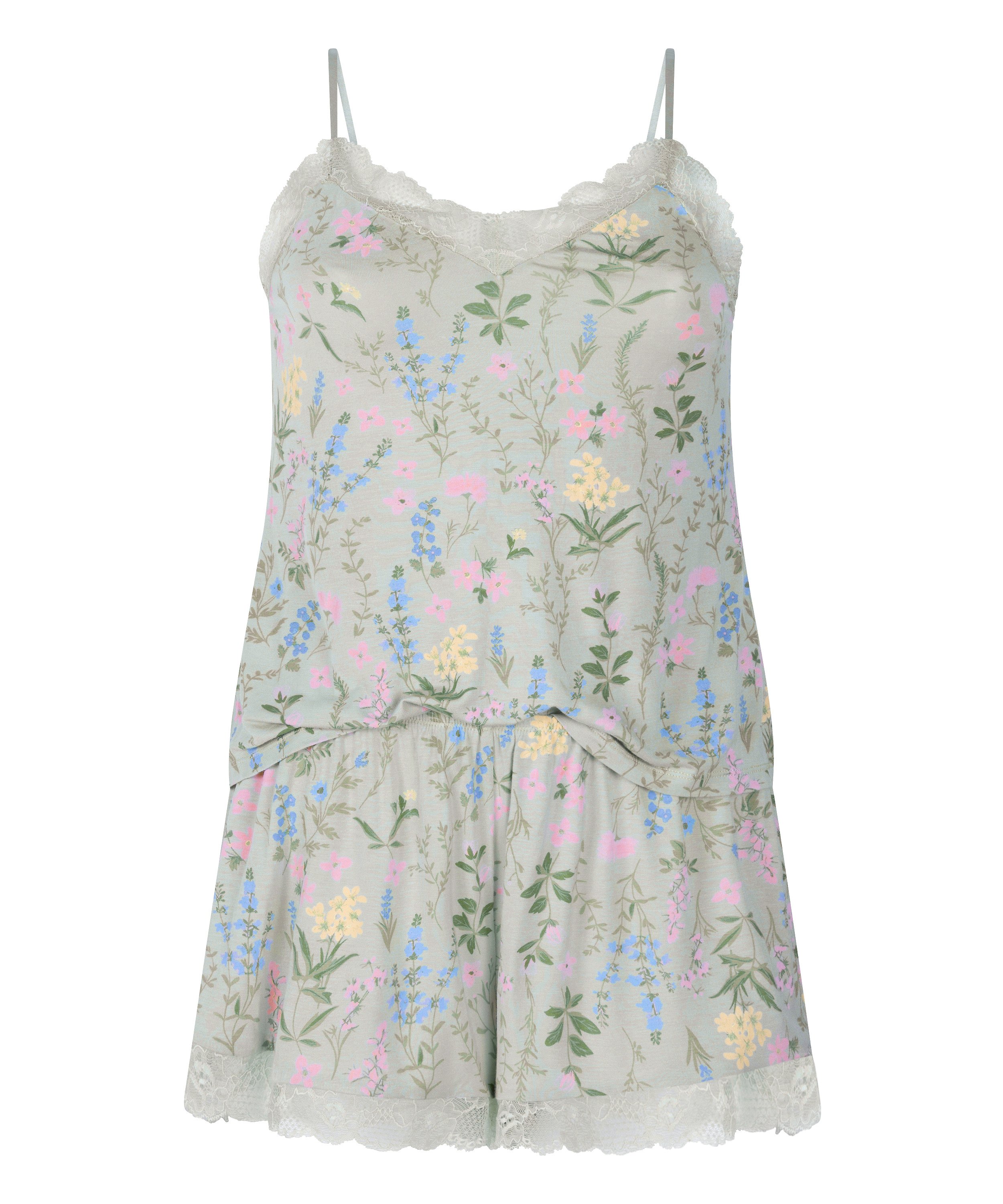 Kort pyjamasset med linne, Grön, main