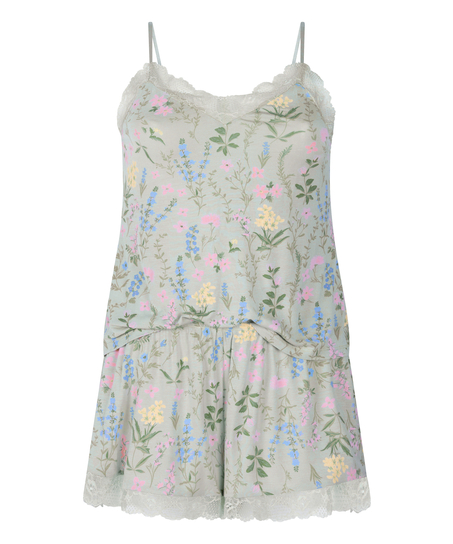 Kort pyjamasset med linne, Grön