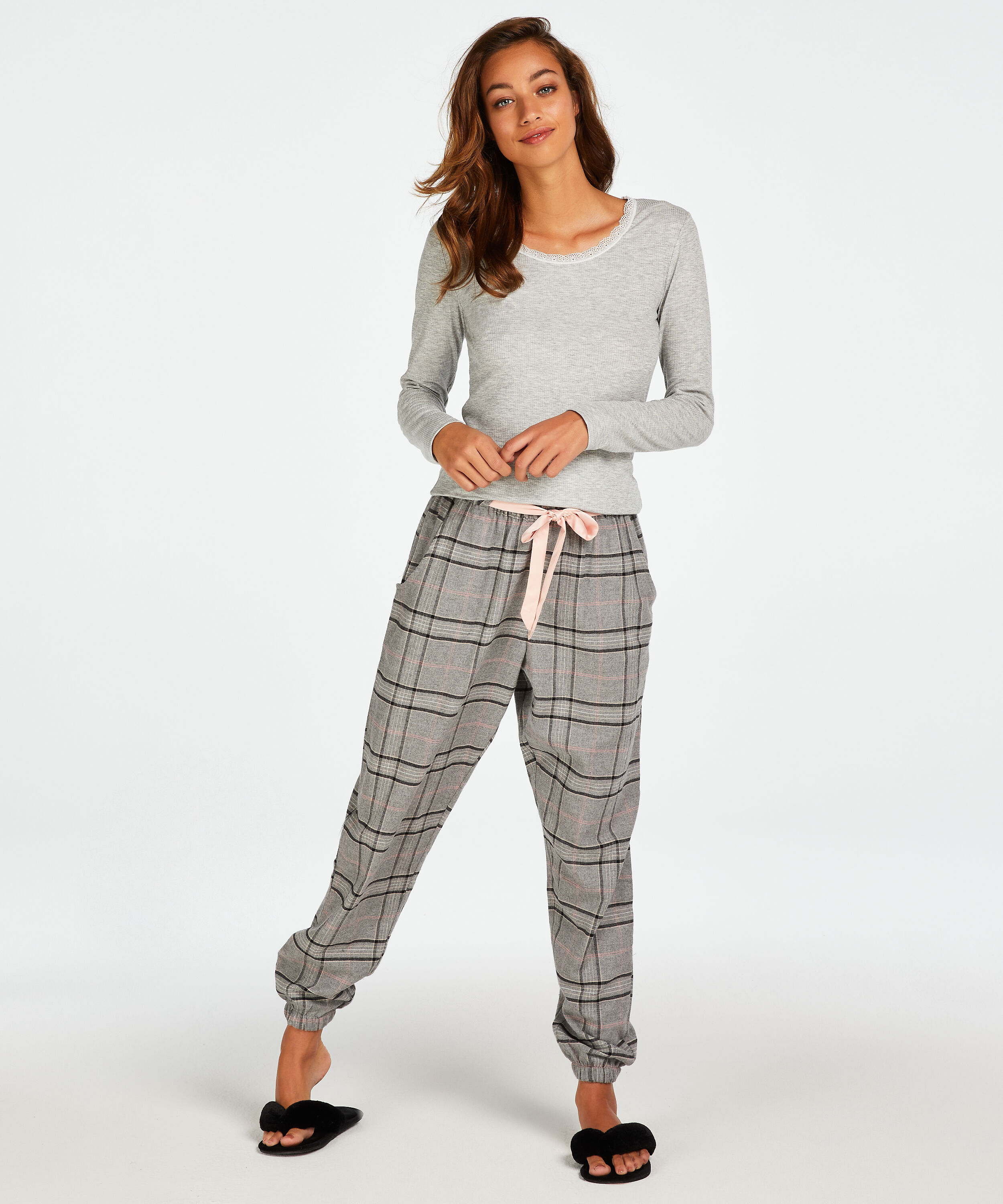 Petite Rutiga pyjamasbyxor twill, Gr&aring;