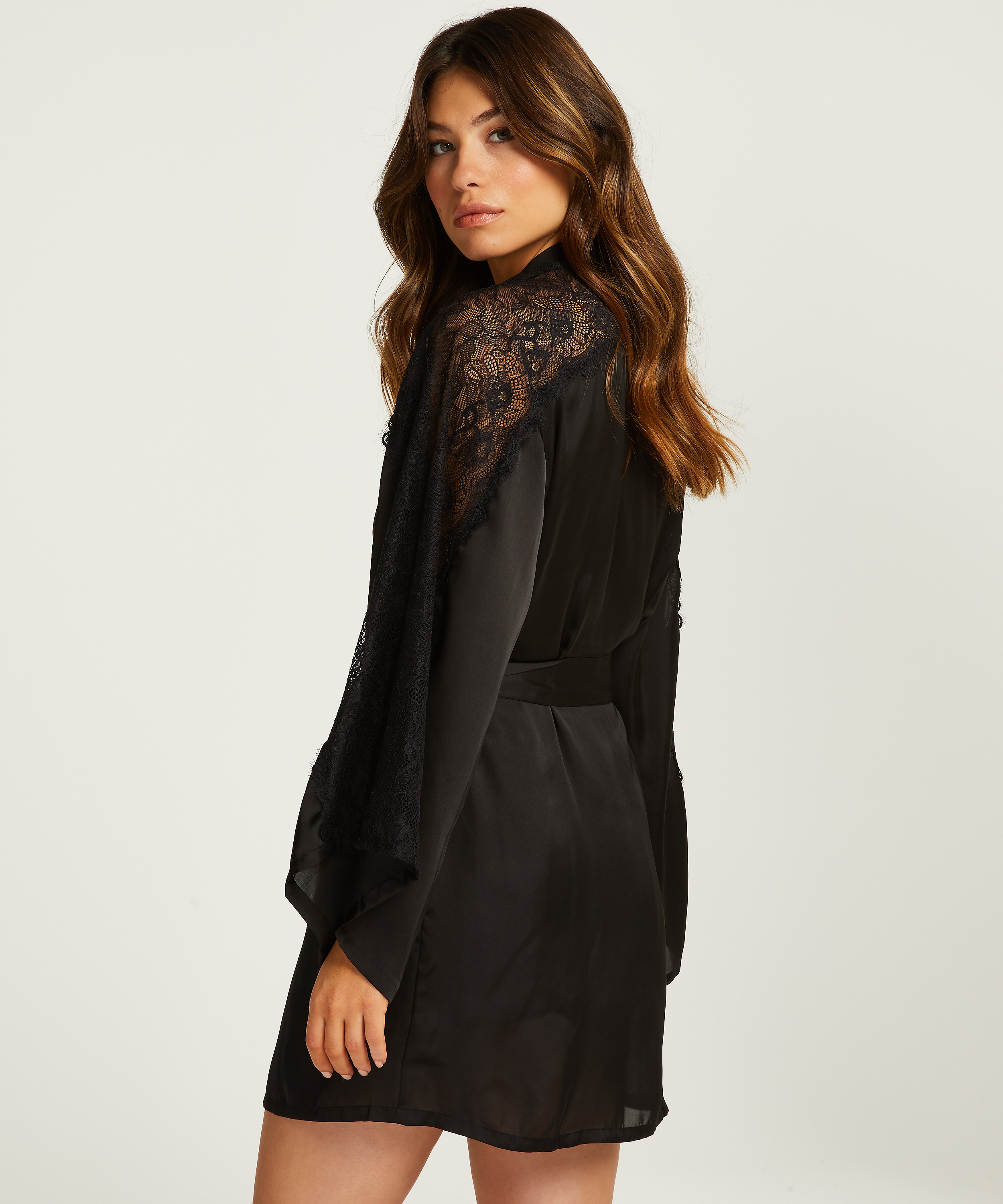 Kimono Lace i satin, Svart, main