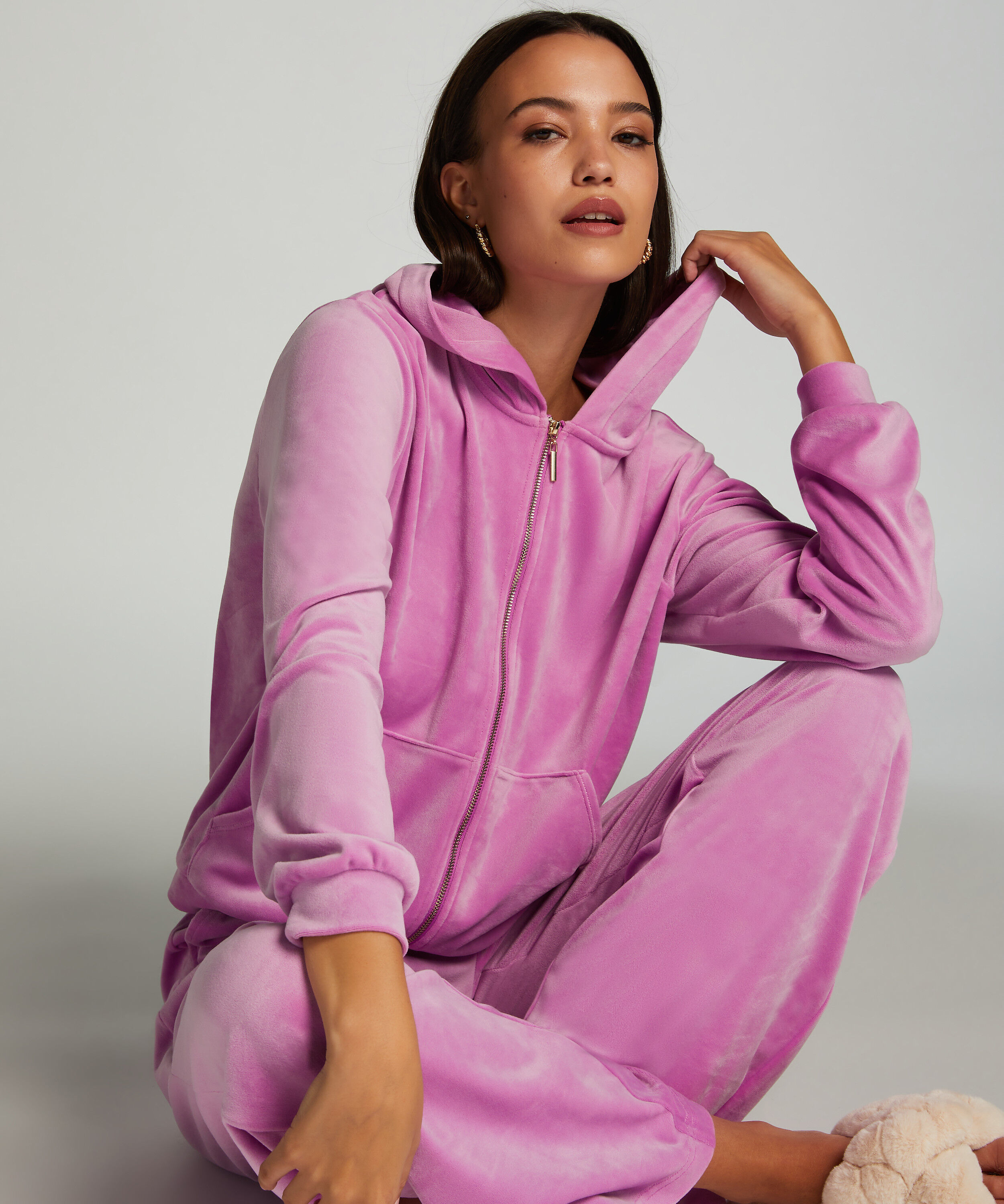 Hoodiejacka i velour, Rosa