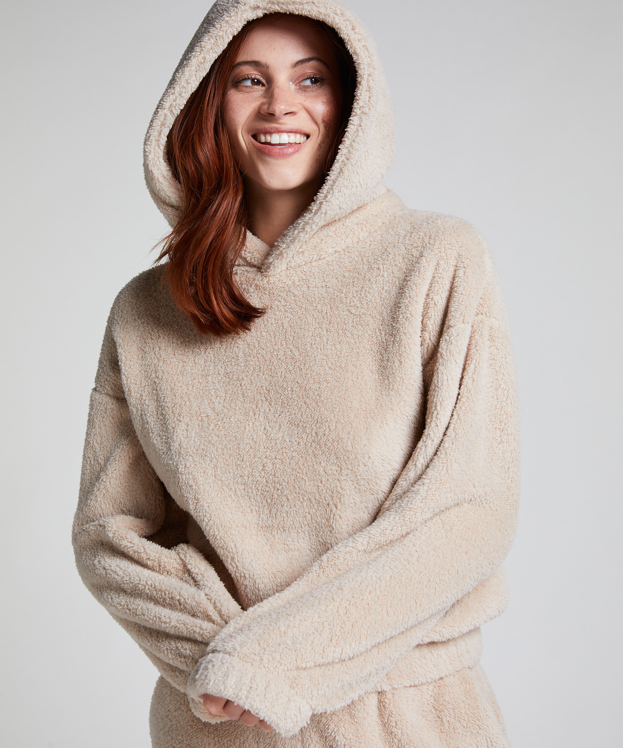 Mysig hoodie i fleece, Beige, main
