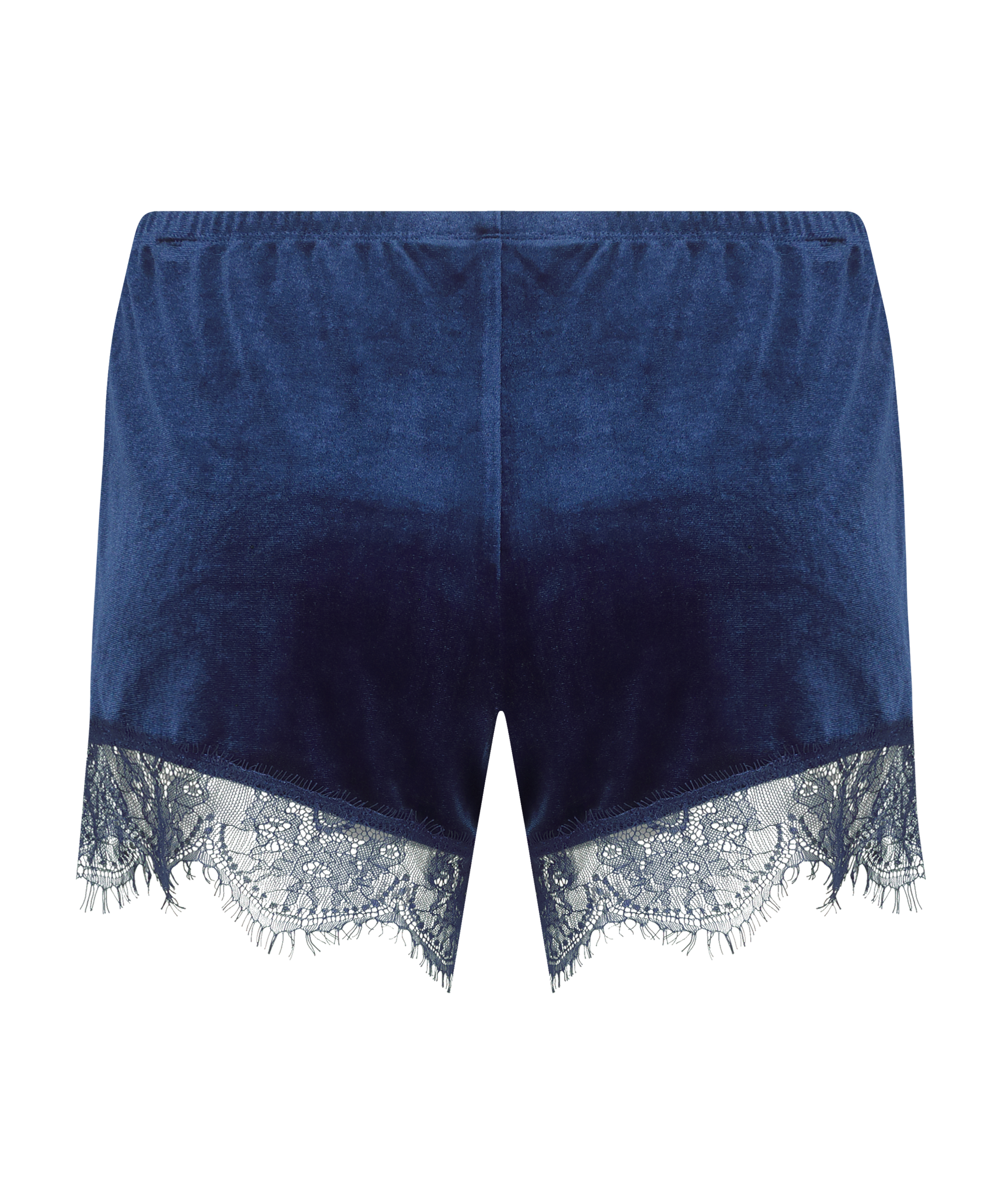 Spetsshorts i glansig velour, bl&aring;, main