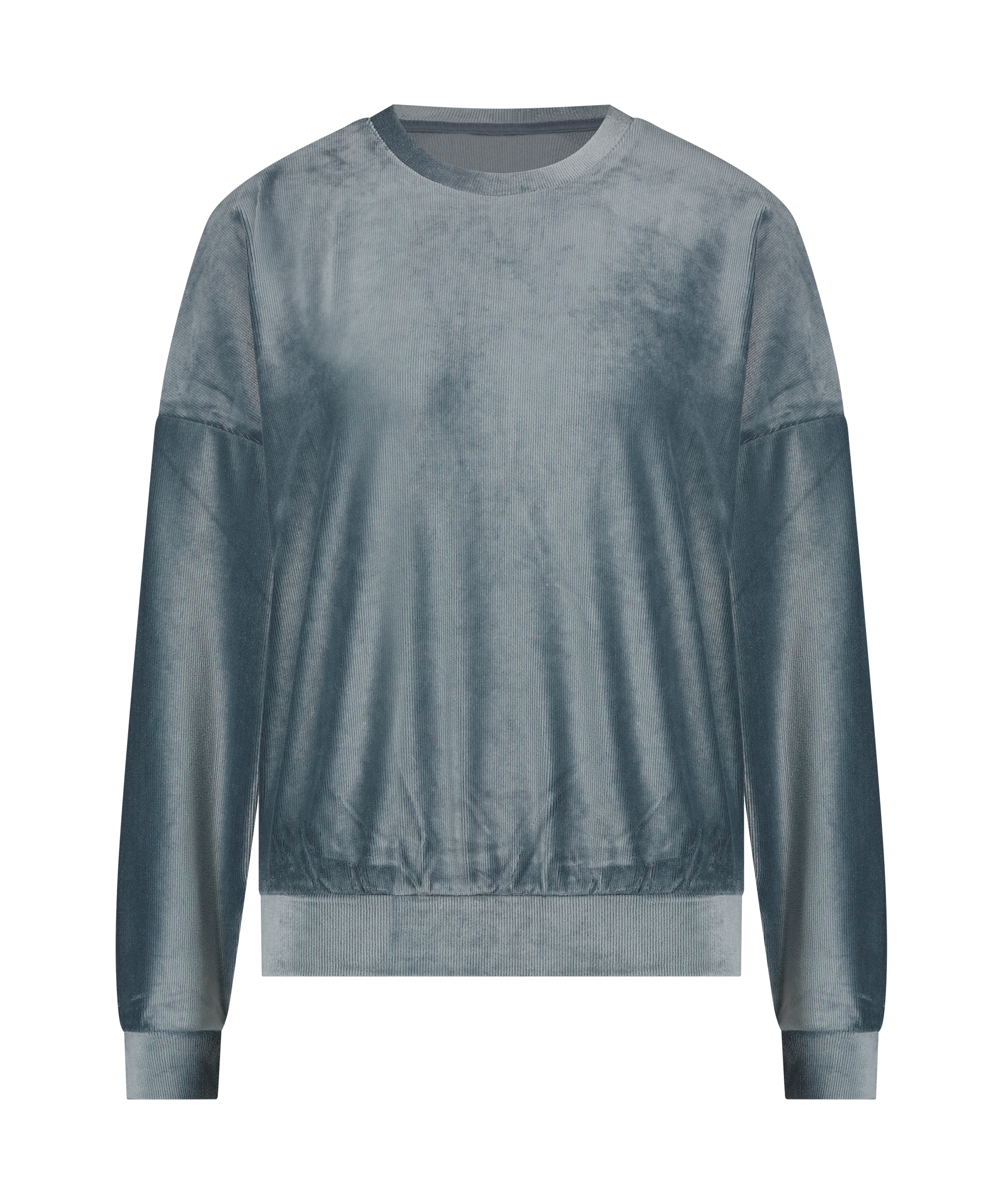 Långärmad, ribbstickad plyschtopp, Blå, main