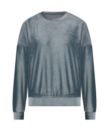 Långärmad, ribbstickad plyschtopp, Blå