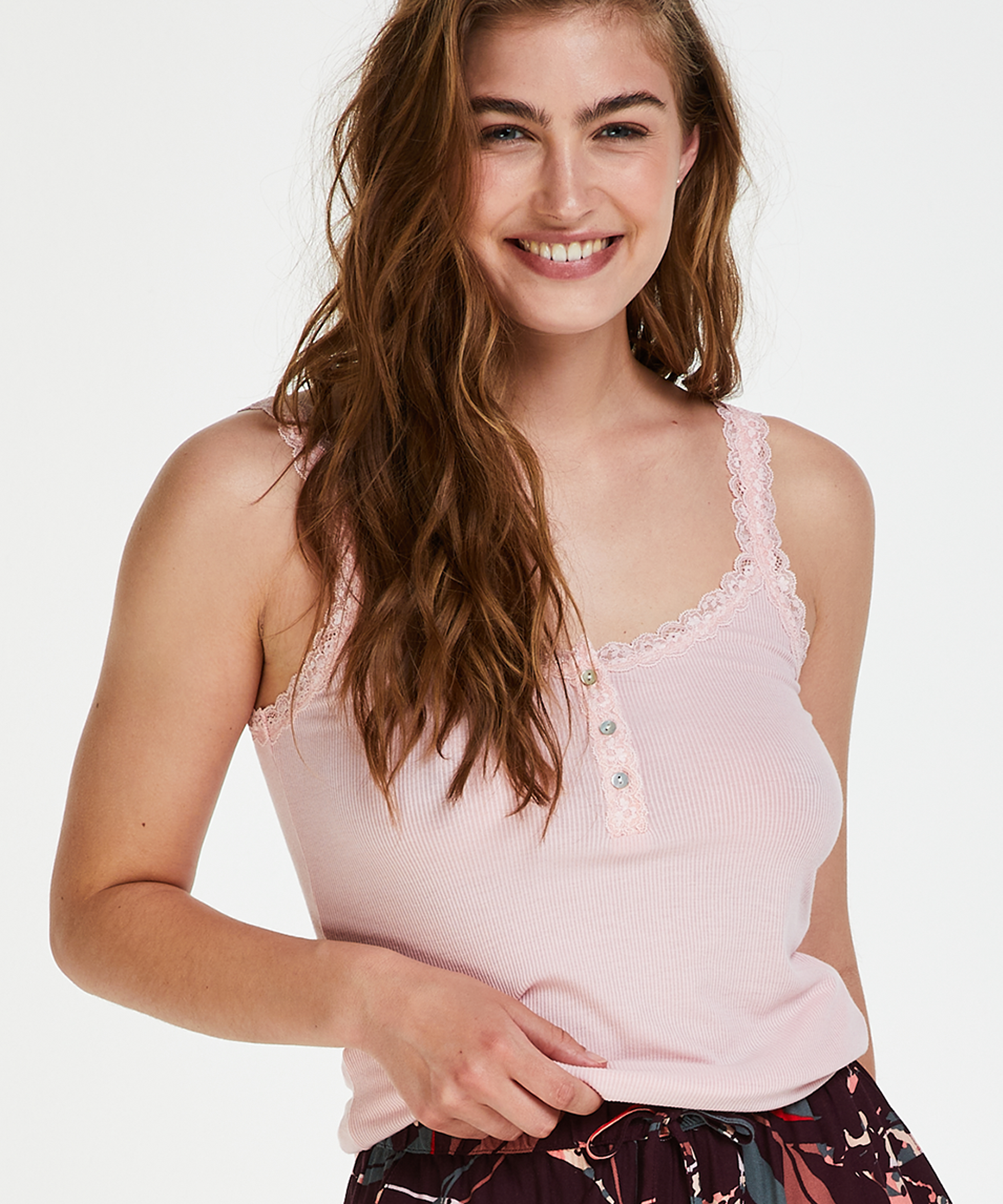 Singlet top cami rib lace, Rosa, main