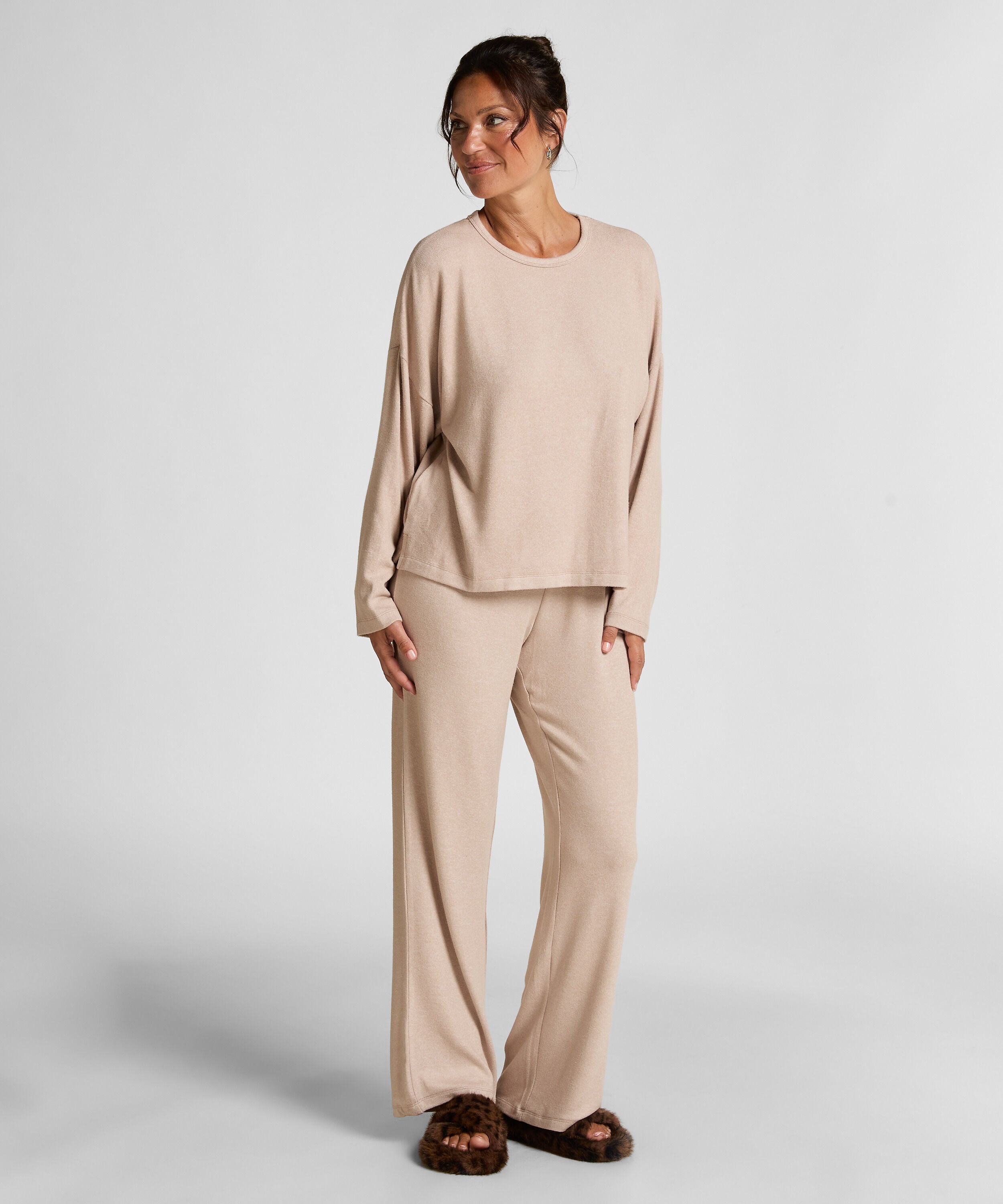 Borstade jersey-byxor, Beige