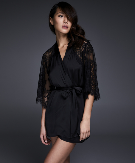 Kimono Flared Satin Lace, Svart