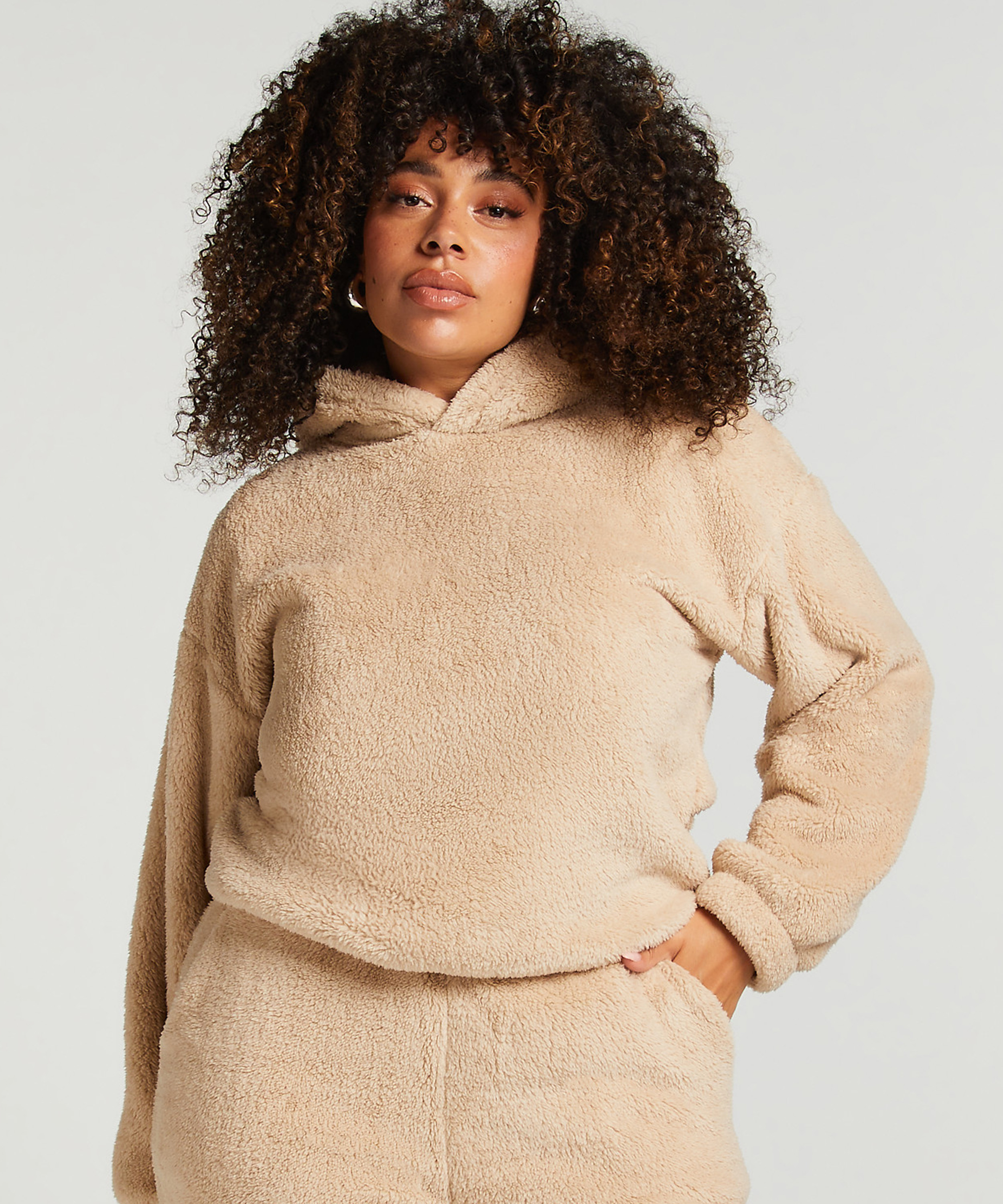 Mysig hoodie i fleece, Beige, main