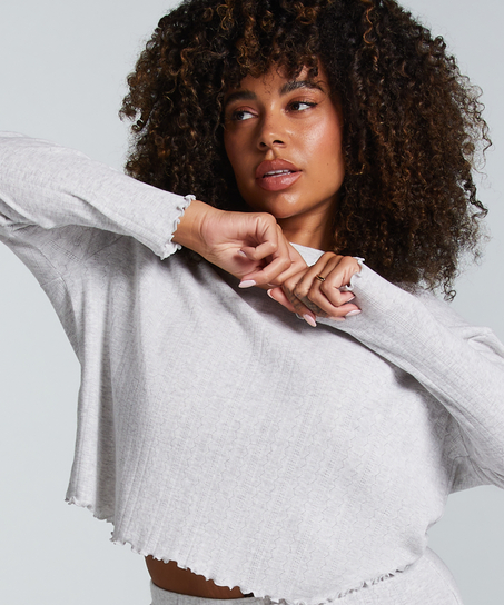 Långärmad pyjamastopp Pointelle, Beige