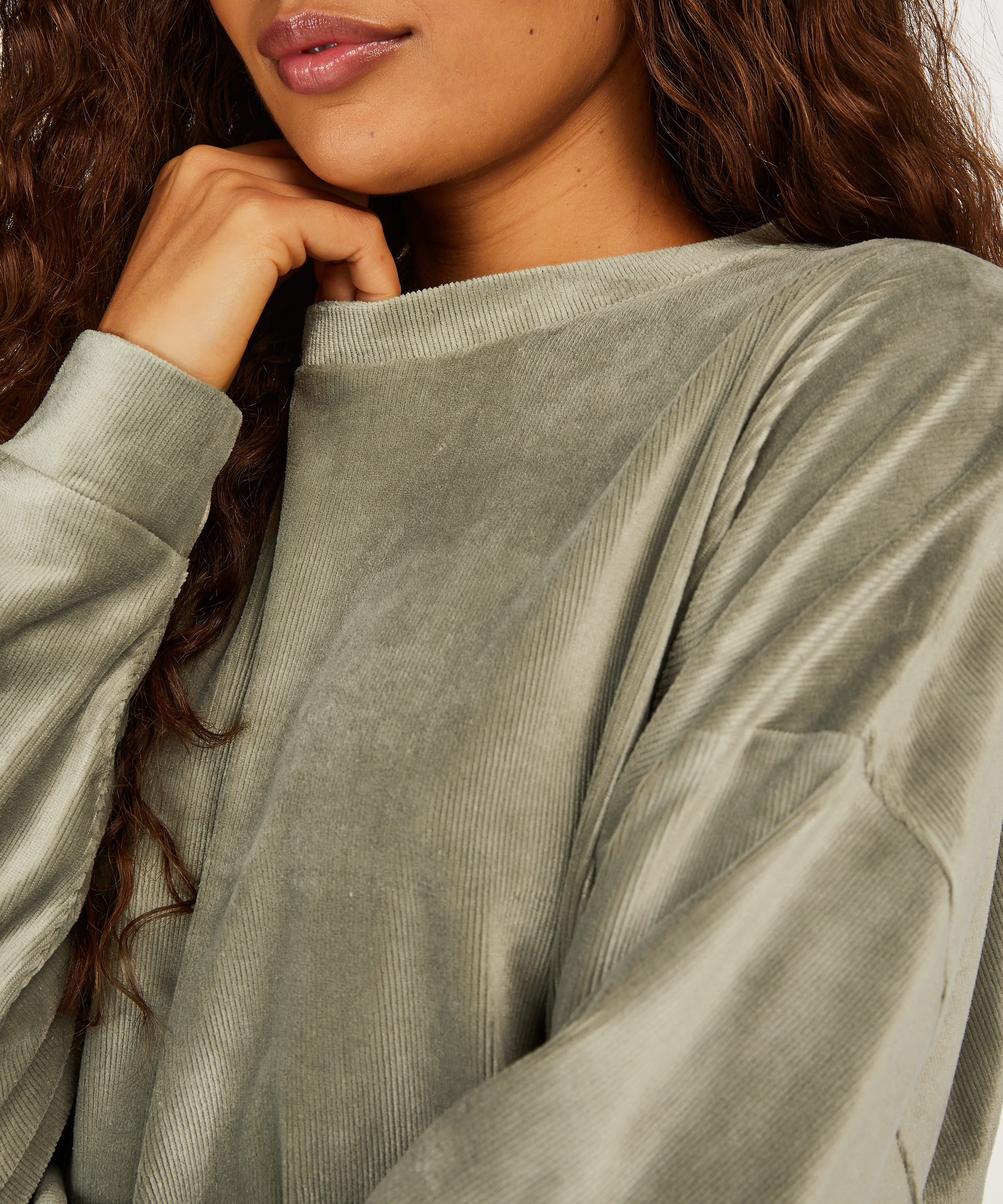 L&aring;ng&auml;rmad, ribbstickad plyschtopp, Gr&ouml;n, main