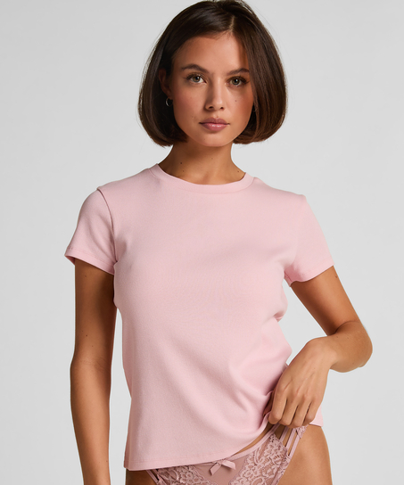 Kort&auml;rmad pyjamastopp Rib Crew Neck, Rosa
