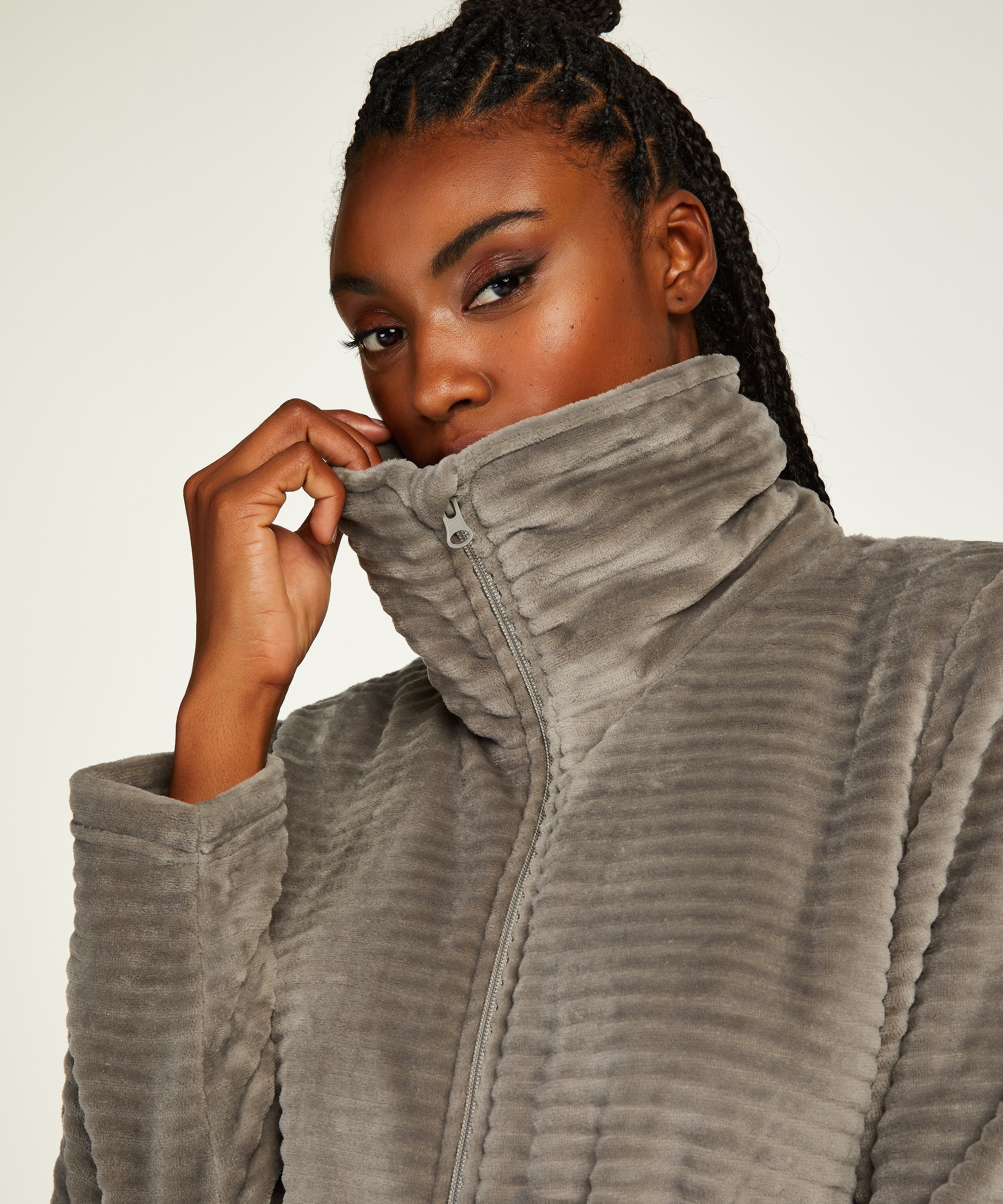 Badrock i fleece med dragkedja, Grå, main