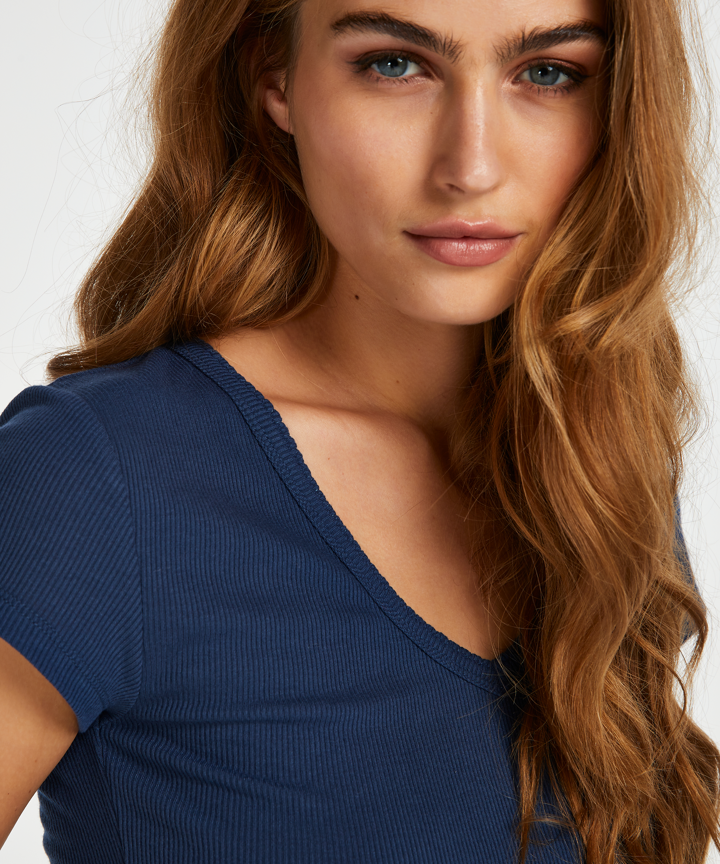 Kortärmad pyjamaströja i ribbtyg., Blå, main