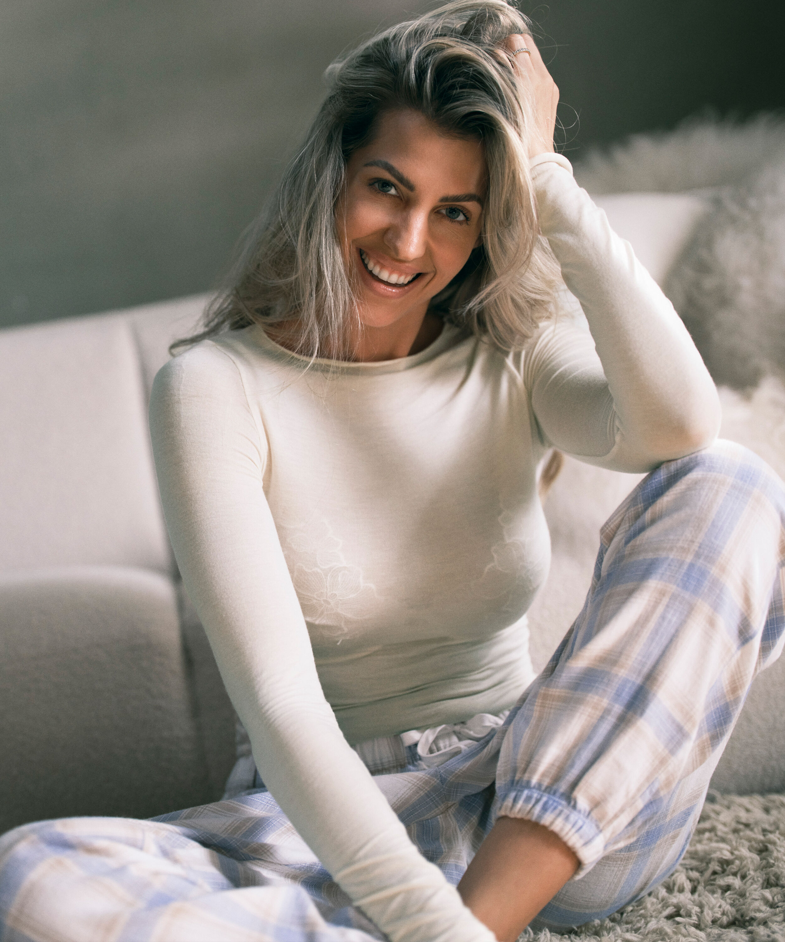 Petite Rutiga pyjamasbyxor twill, Bl&aring;