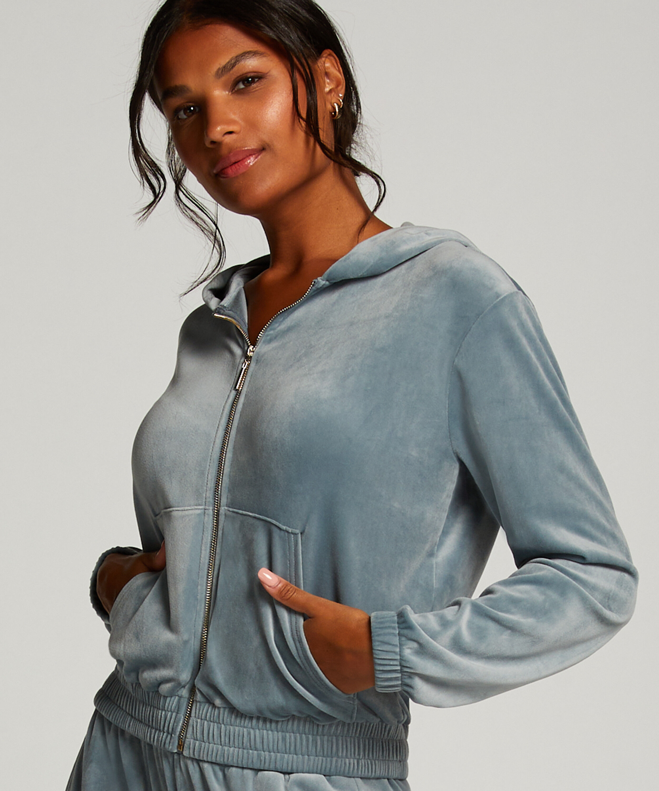 Hoodiejacka i velour, Bl&aring;