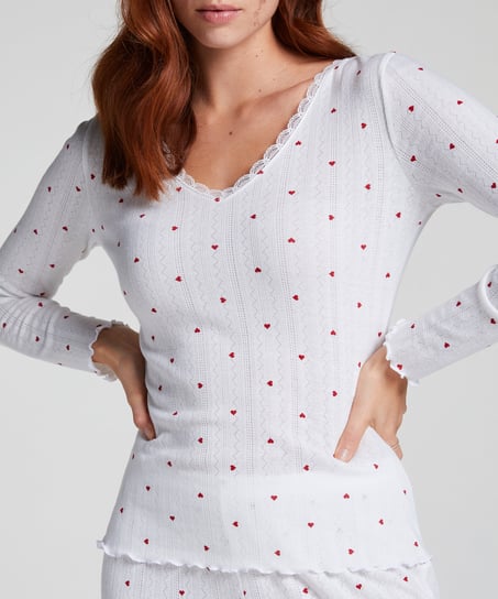Långärmad pyjamastopp Pointelle, Vit