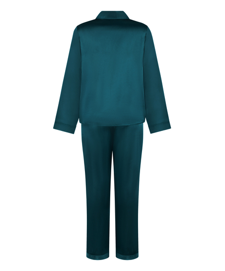 Pyjamasset i glansig satin, Bl&aring;