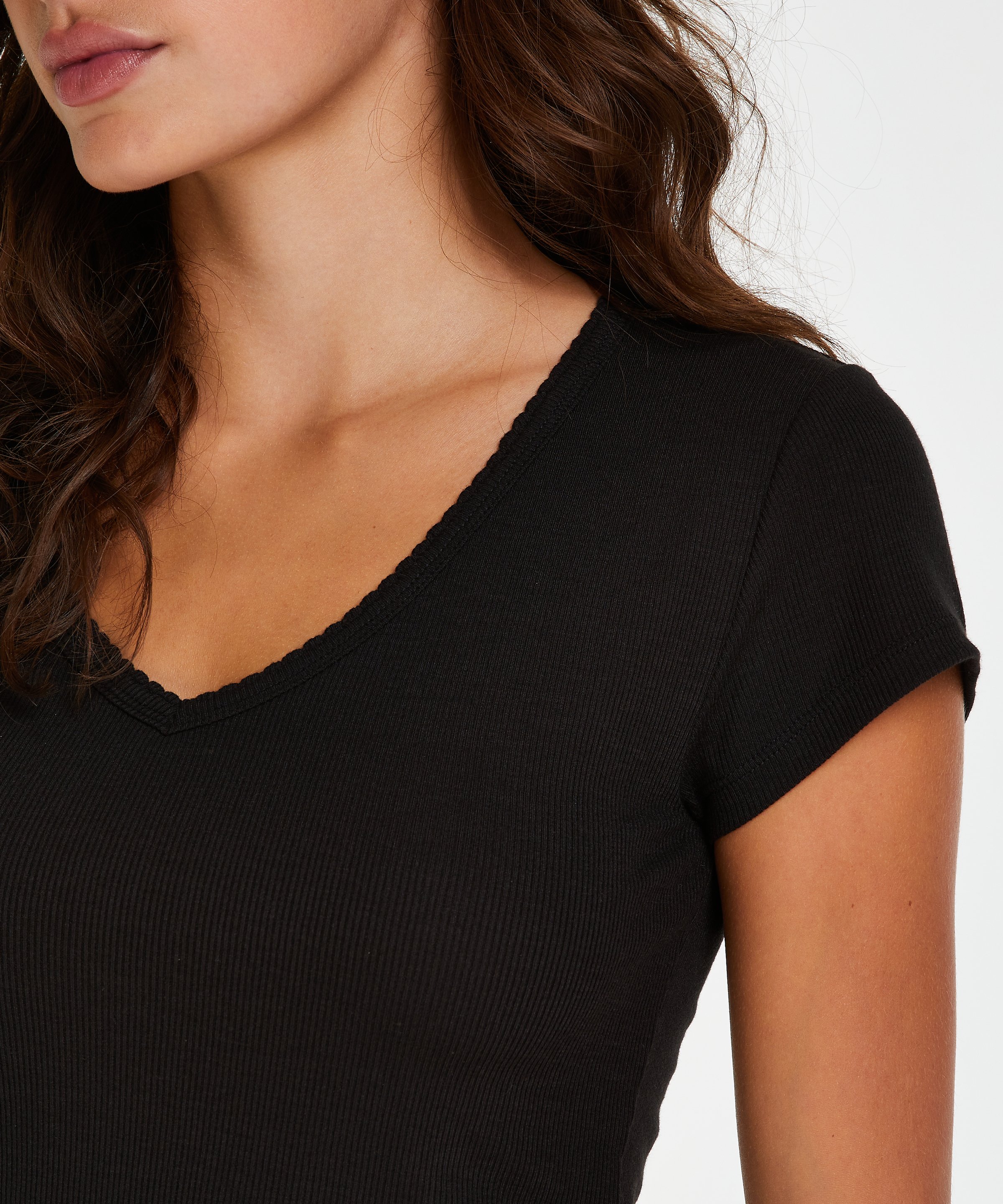 Kortärmad pyjamaströja i ribbtyg., Svart, main