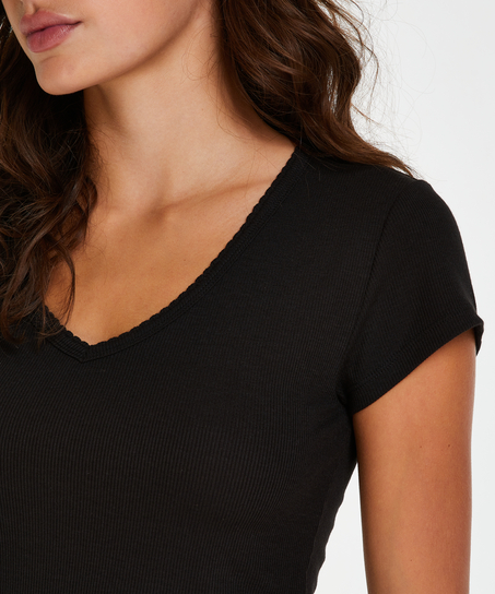 Kortärmad pyjamaströja i ribbtyg., Svart