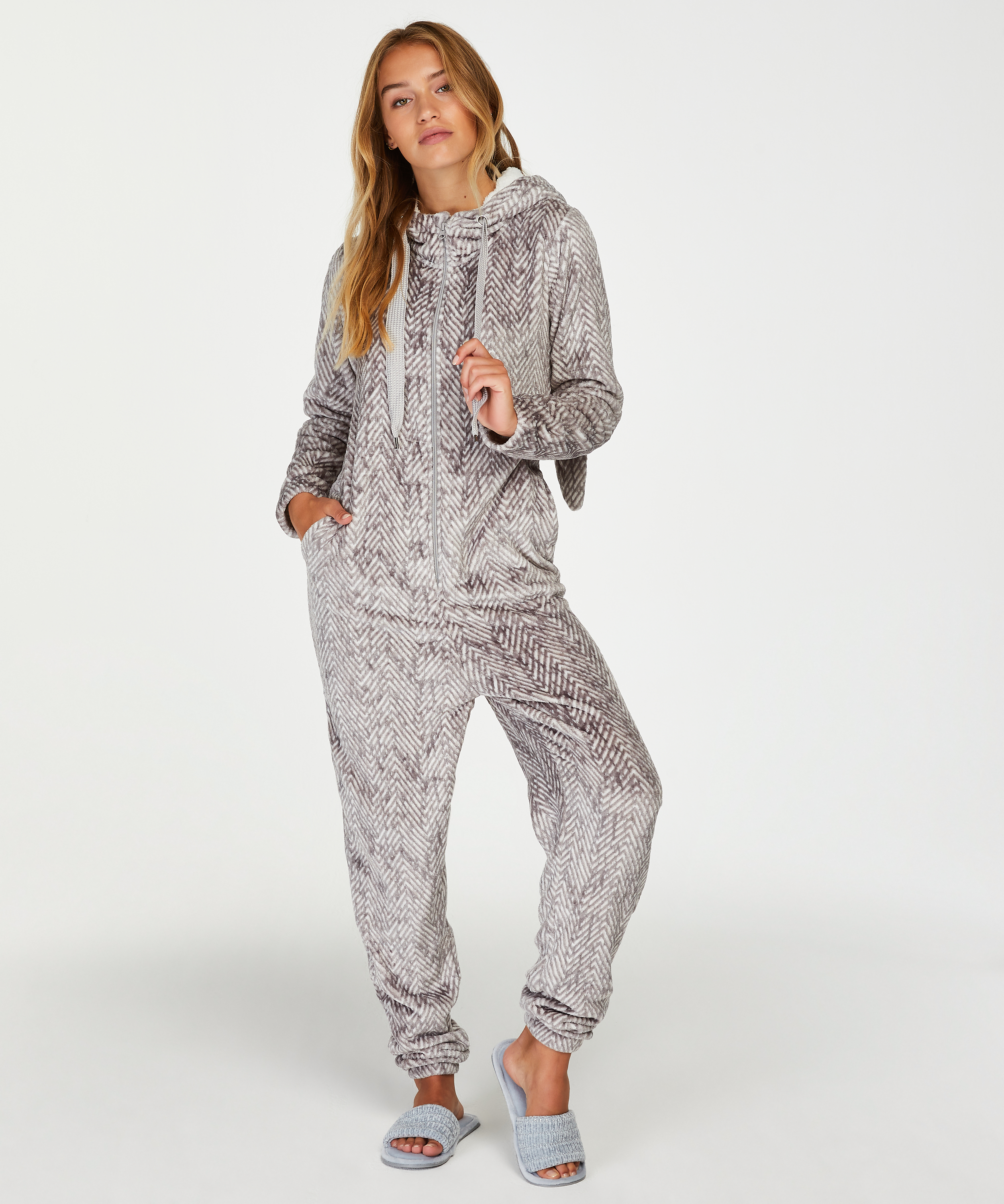 Onesie i flanell och fleece, Grå, main
