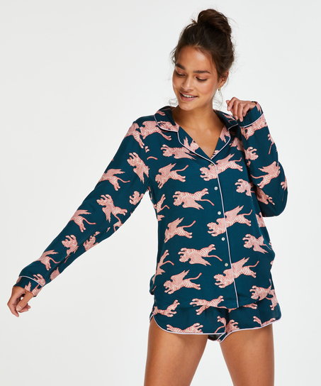 Pyjamasjacka i v&auml;vt tyg l&aring;ng&auml;rmad, Bl&aring;