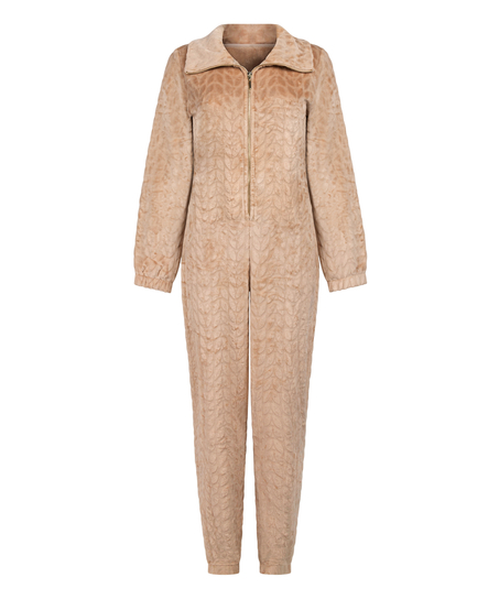 Kabelstickad onesie med dragkedja, Beige