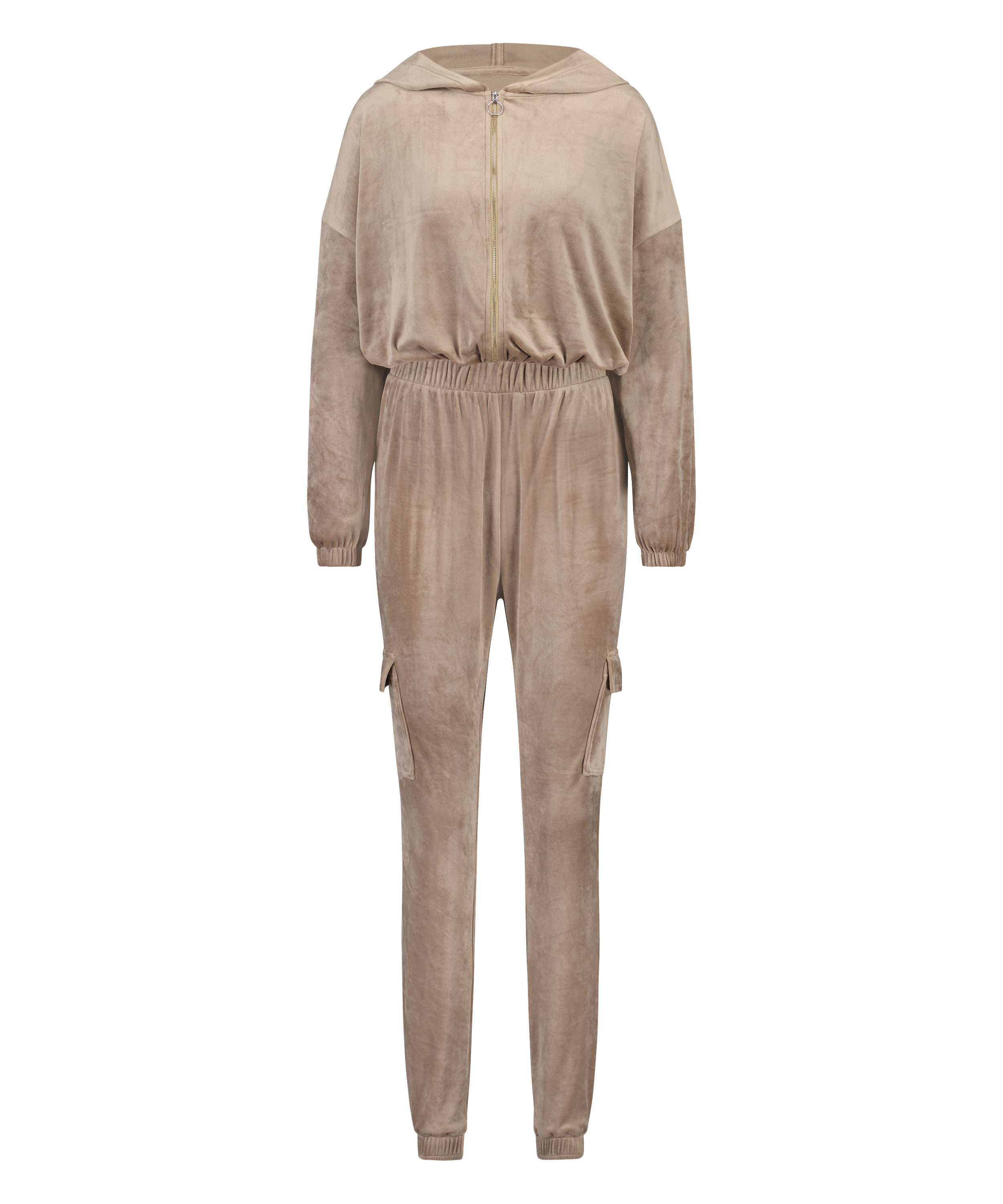 Jumpsuit-hoodie i velour, Brun, main