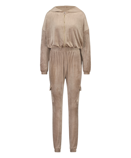 Jumpsuit-hoodie i velour, Brun