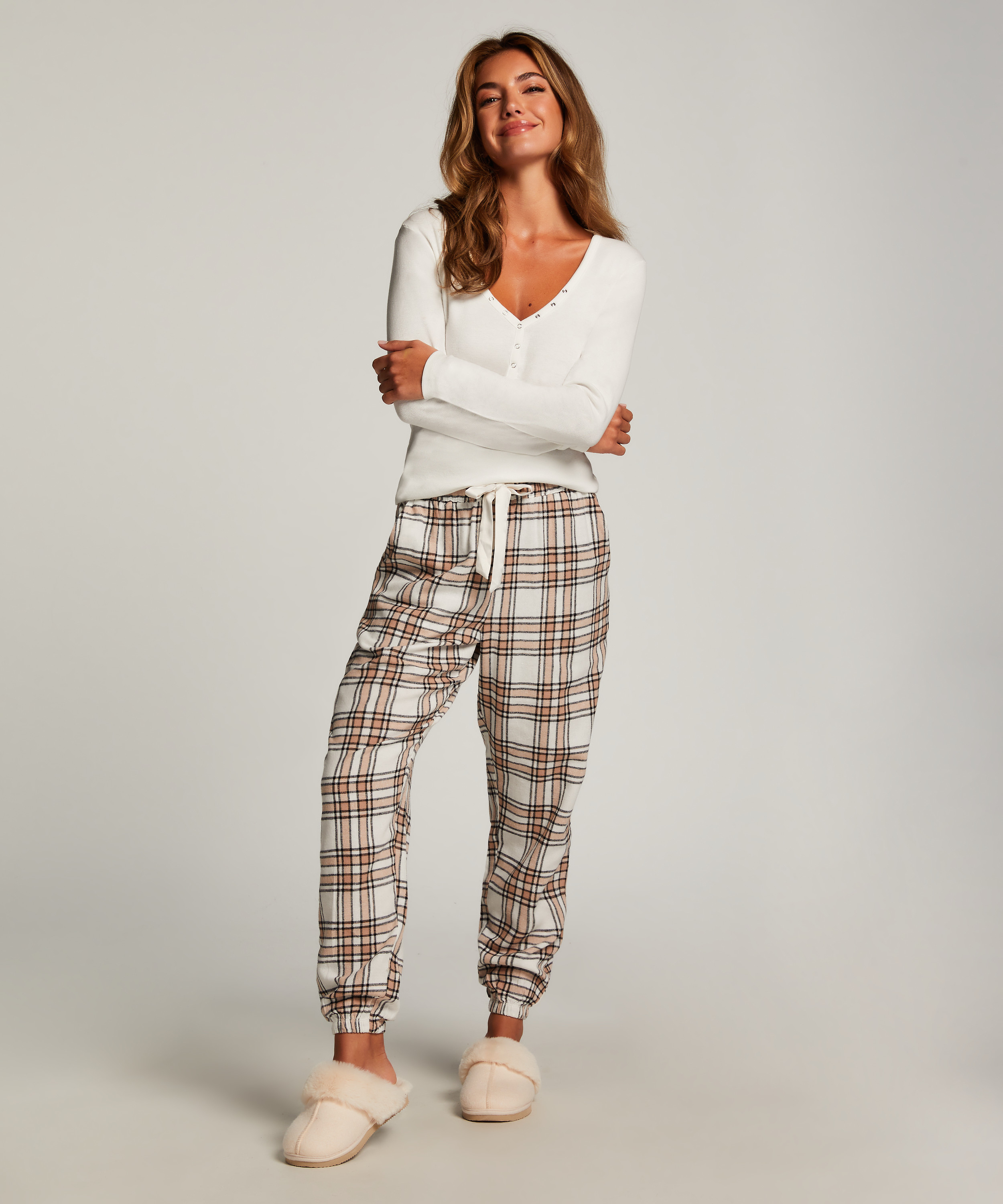 Pyjamasbyxori flanell, Beige, main