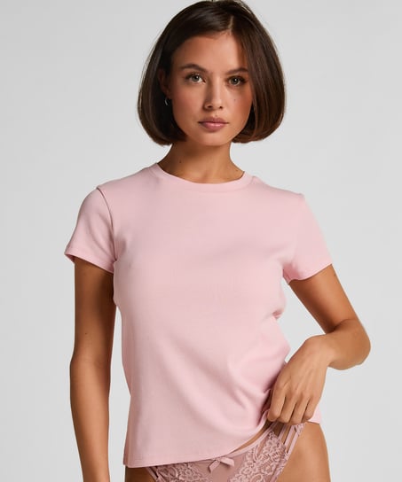 Kortärmad pyjamastopp Rib Crew Neck, Rosa