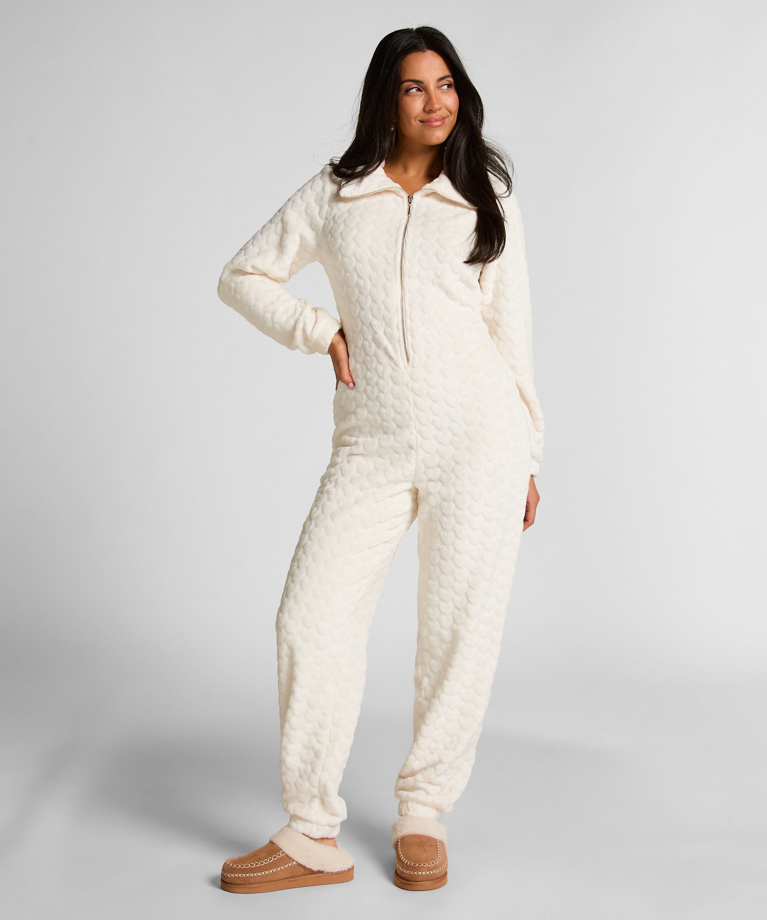 Kabelstickad onesie med dragkedja, Vit