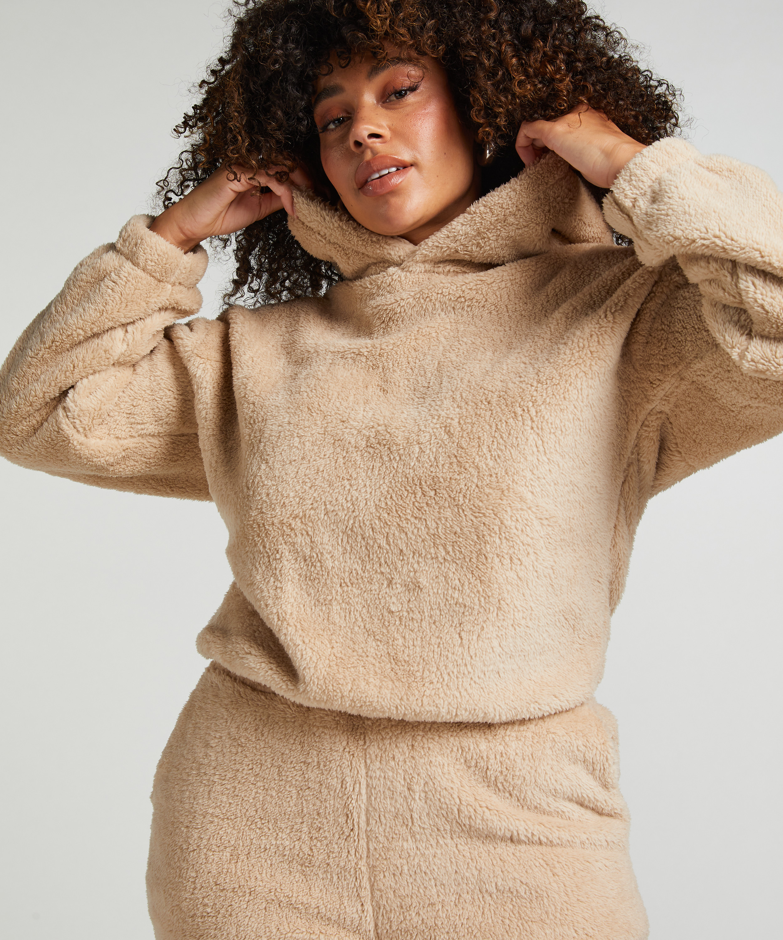 Mysig hoodie i fleece, Beige, main