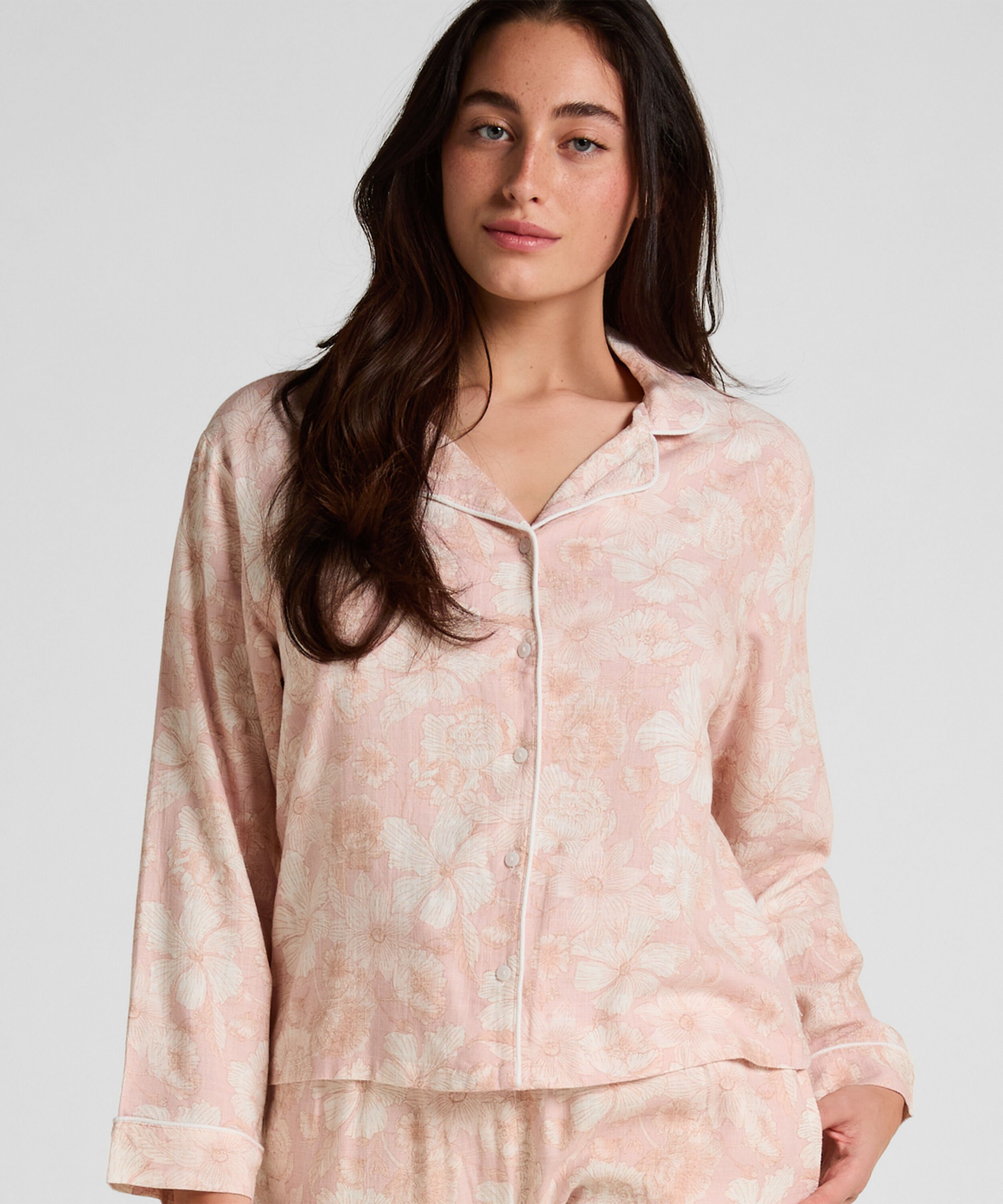 Linne Pyjamasjacka med Blommönster, Rosa