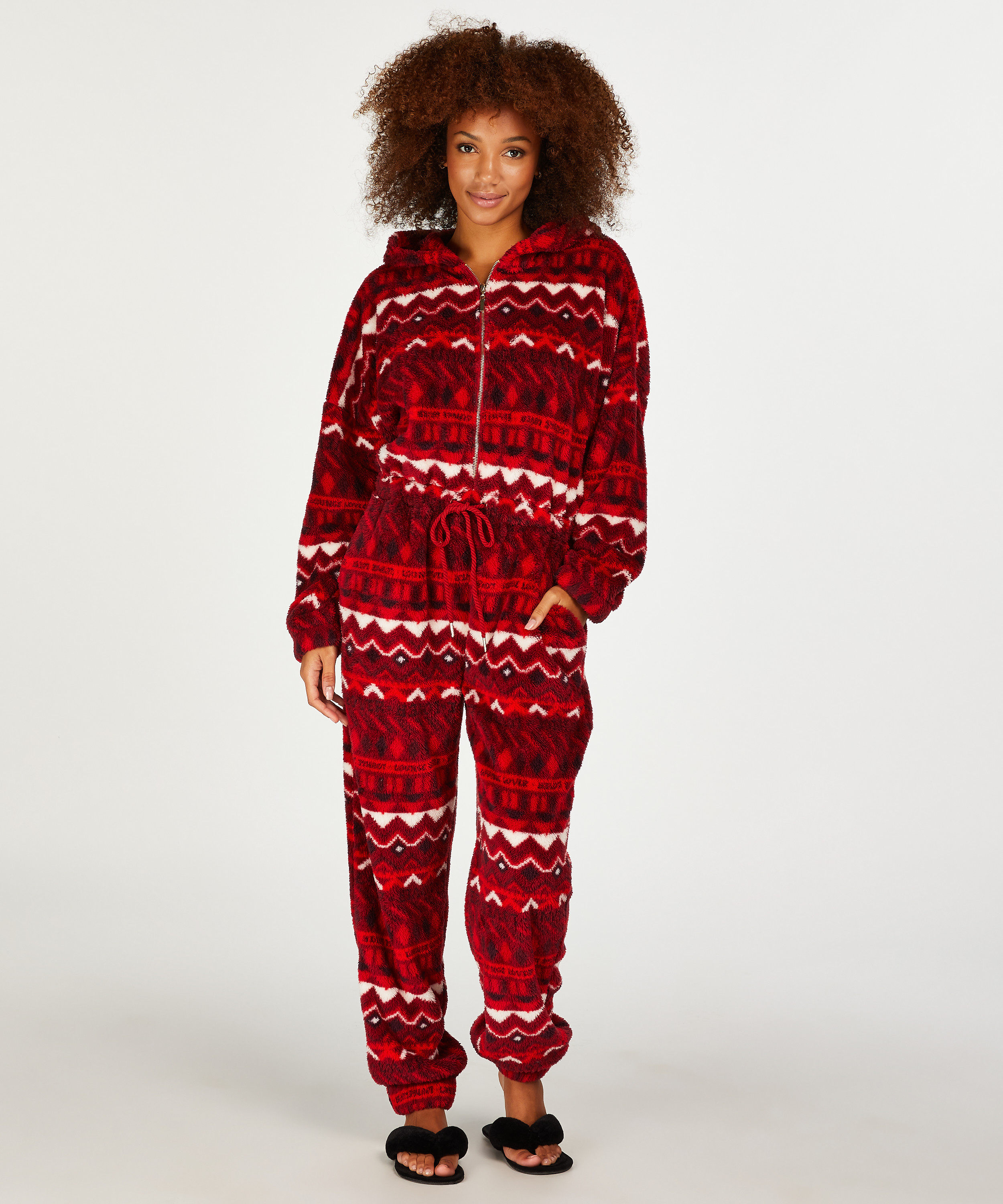 Fair Isle-onesie i flanell och fleece, röd, main