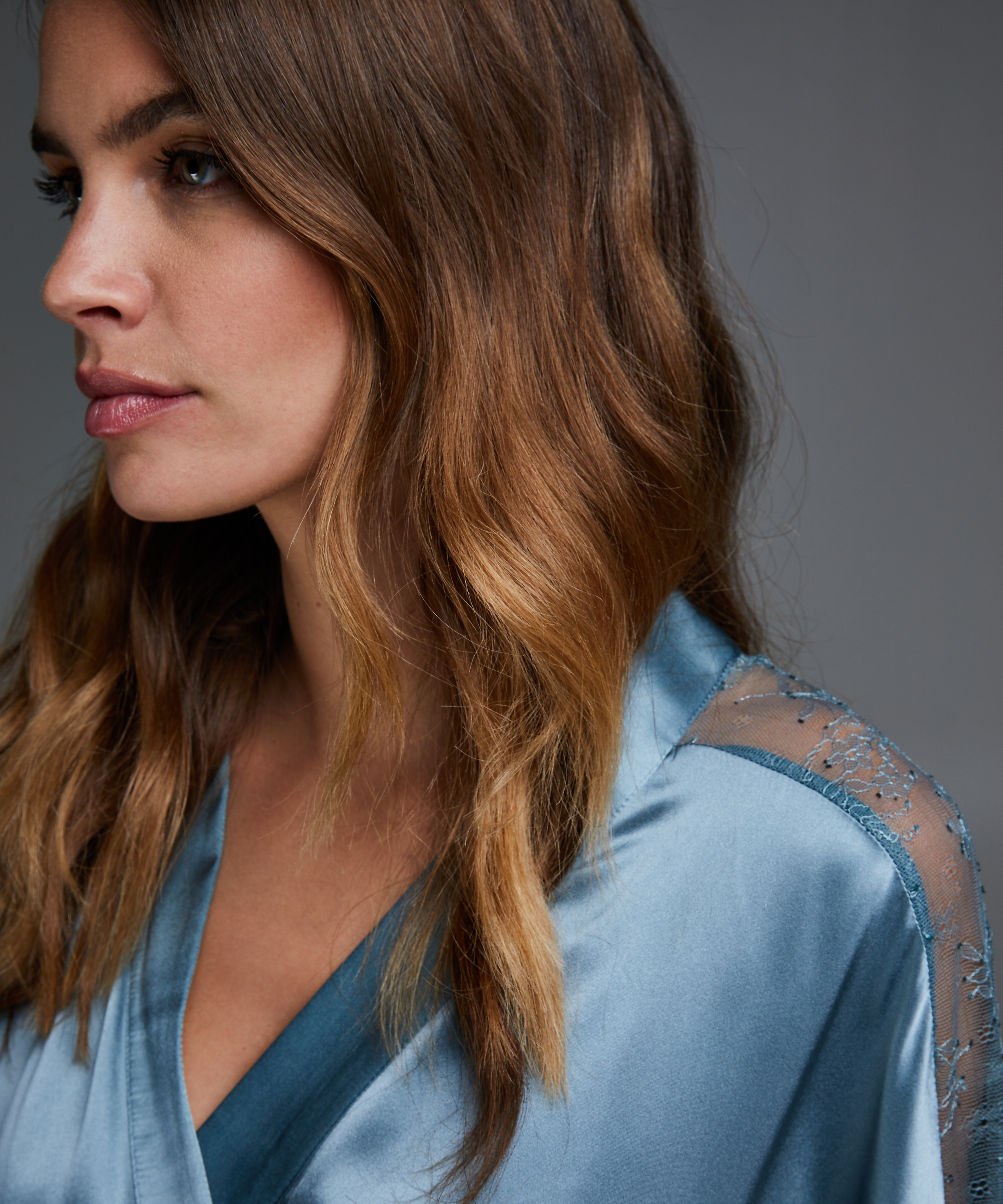 Kimono i silke och spets, Blå, main