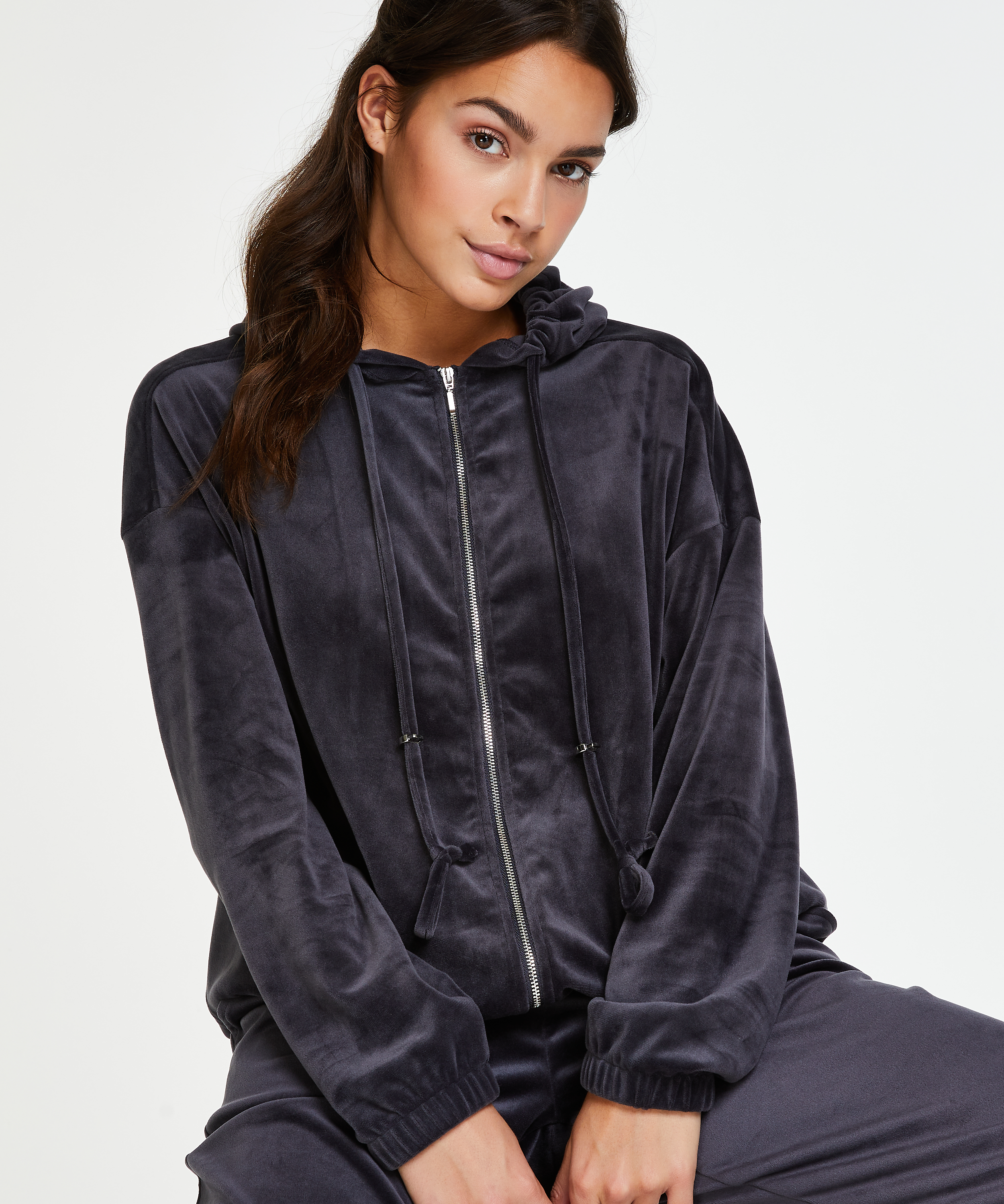 Hoodiejacka i sammet, Grå, main