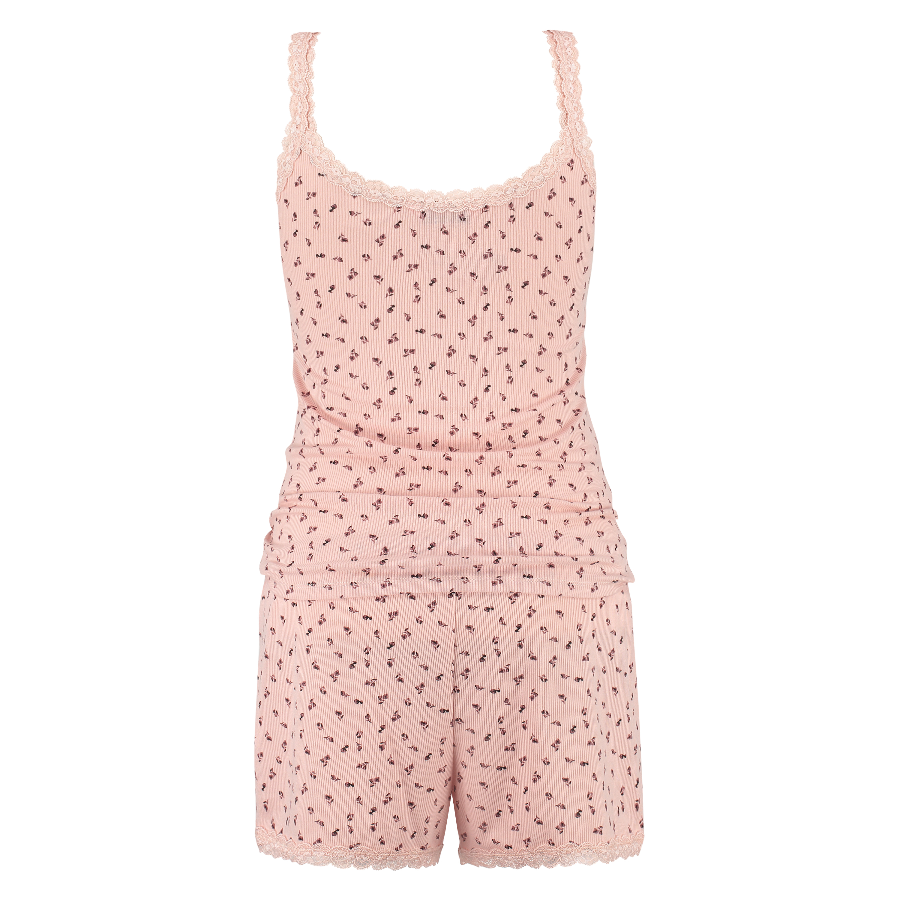 Ditsy shorts-set i ribbad jersey PJ, Rosa, main