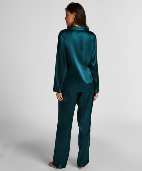 Pyjamasset i glansig satin, Bl&aring;