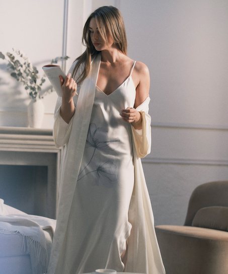 Kimono lång blommig satäng, Vit