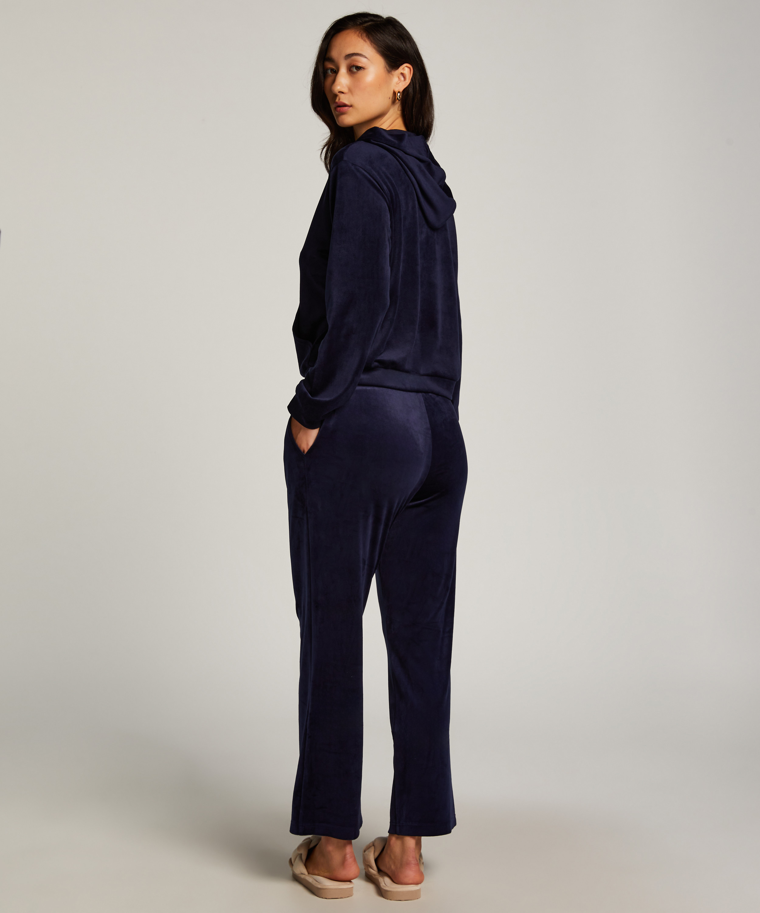 Hoodiejacka i velour, Blå, main