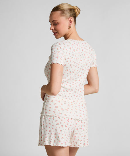 Ribbstickade pyjamasshorts, Vit