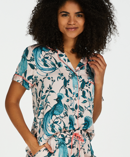 Pyjamasjacka i vävt tyg kortärmad, Rosa