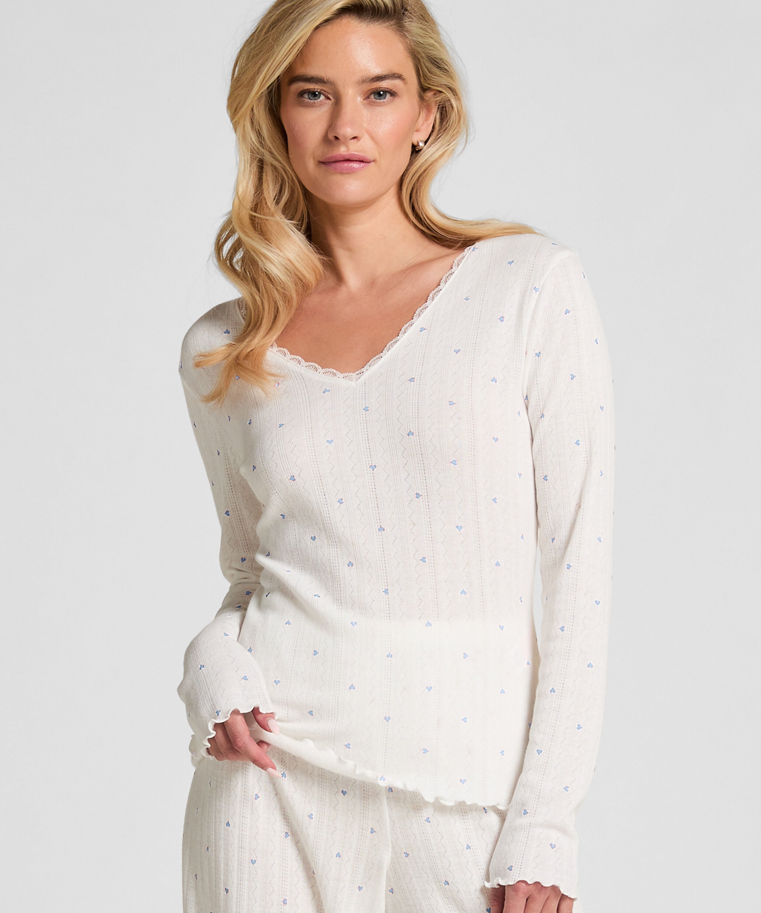 Långärmad pyjamastopp Pointelle, Blå