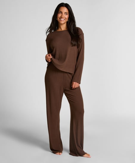 Långärmad pyjamastopp Jersey, Brun
