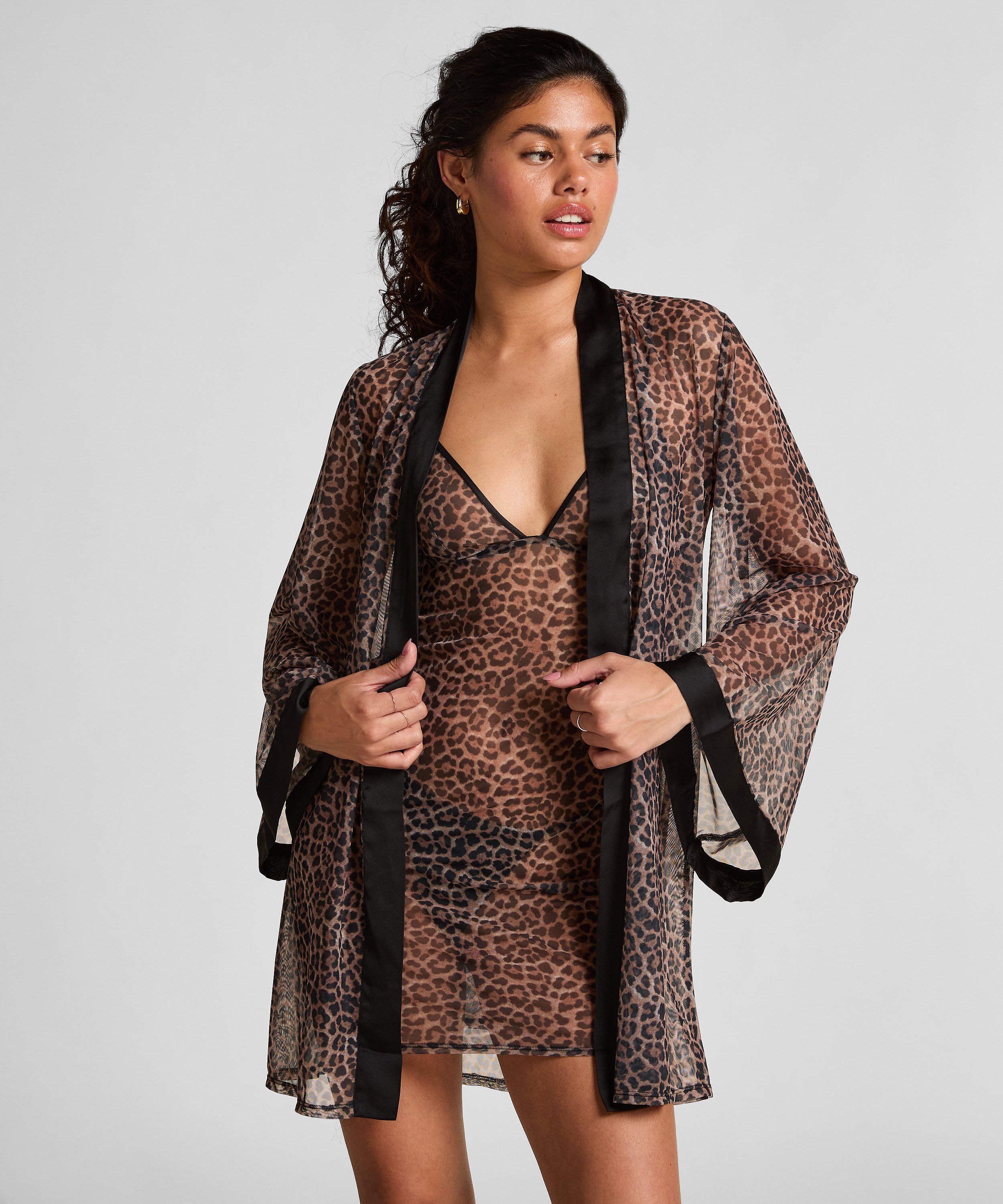 Kimono i leopard-mesh, Svart, main