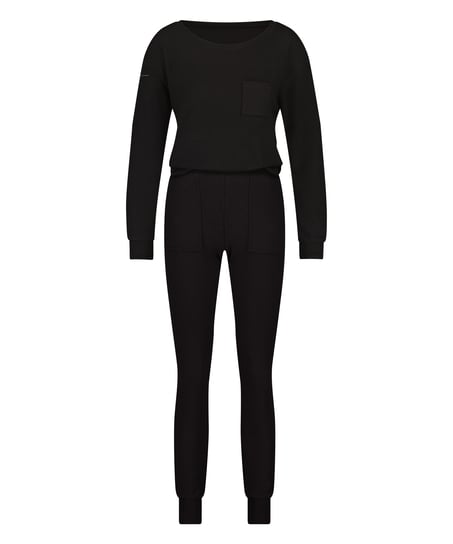 Waffle Placket pyjamas, Svart